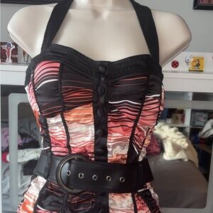 Halter Strap Multicolor Ruched Corset shirt, Black Belt